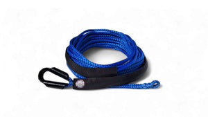 USA Rope 1/4" blue UHMWPE synthetic winch rope with steel thimble and black protective sleeve, 9,000 lbs breaking strength.