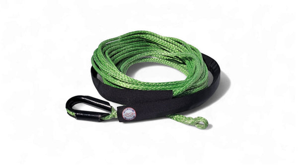 USA Rope 1/4" green synthetic winch rope made of UHMWPE with steel thimble and protective sleeve, 9,000 lbs breaking strength.