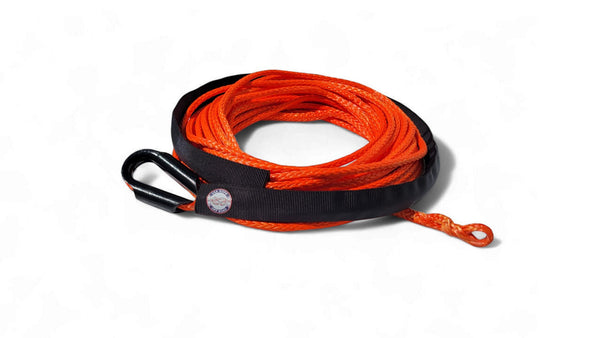 USA Rope 1/4" orange synthetic winch rope made of UHMWPE with steel thimble and black protective sleeve.