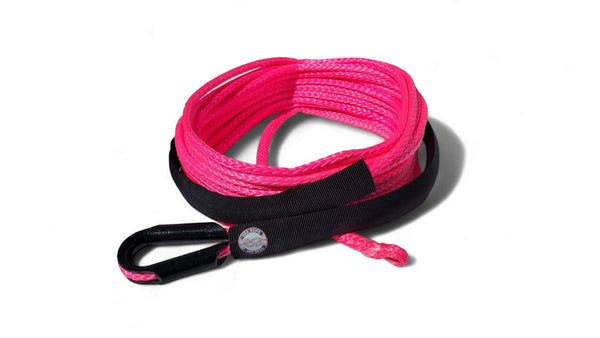 USA Rope 1/4" synthetic winch rope in bright pink UHMWPE with steel thimble and black protective sleeve.