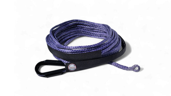 USA Rope 1/4" purple UHMWPE synthetic winch rope with black protective sleeve and steel thimble, 9,000 lbs breaking strength.