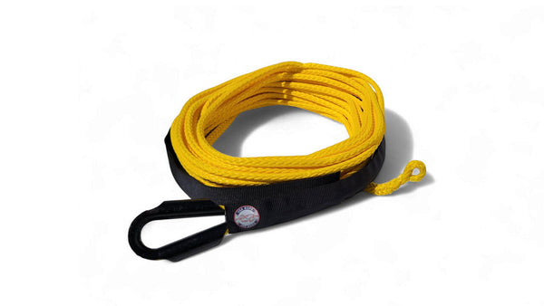 USA Rope 1/4" yellow UHMWPE synthetic winch rope with black protective sleeve and steel thimble, 9,000 lbs.